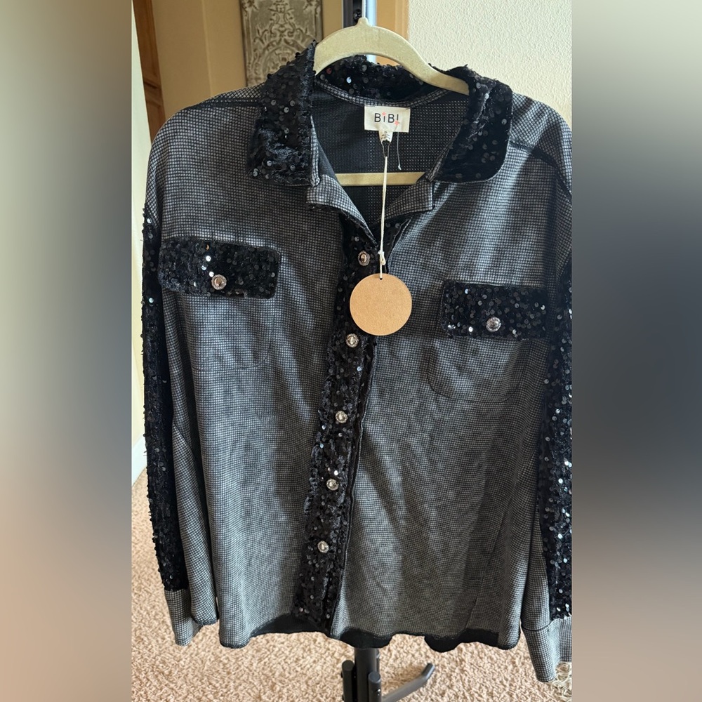 BiBi Black and Gray Sequin Top/Shacket